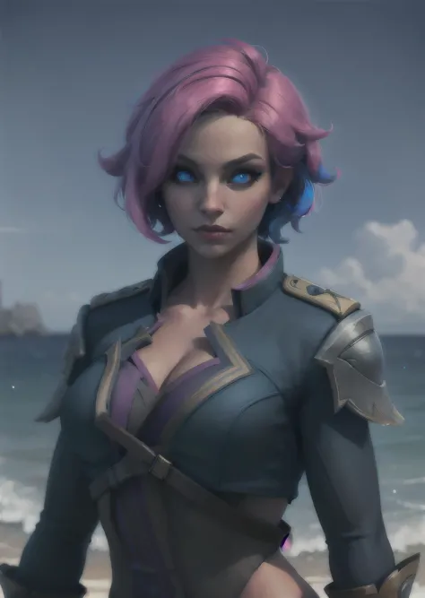 a woman with pink hair and a blue top standing on a beach