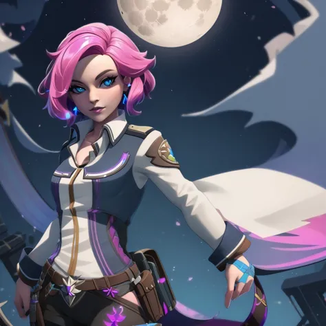 a close up of a person with pink hair and a gun