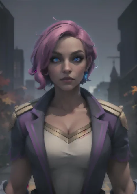 a woman with pink hair and a purple jacket stands in a city