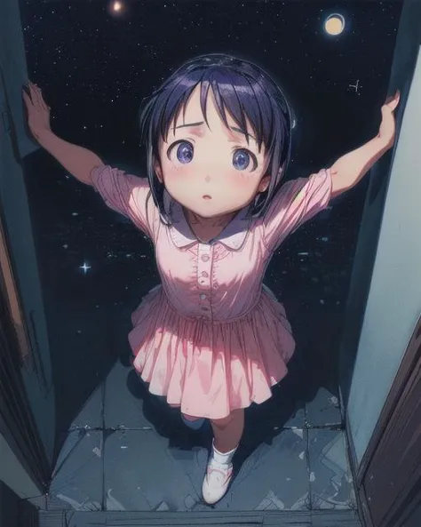 anime girl standing in doorway with arms outstretched in front of a full moon