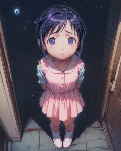 anime girl standing in doorway with open door and stars in background