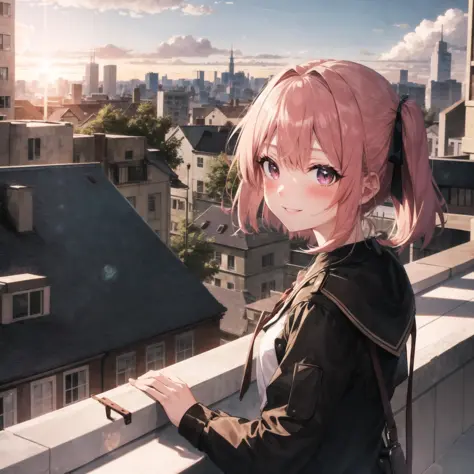 (high quality, best quality), 1girl, solo, shaded_face, dim, looking_at_viewer, smile, blush, rooftop, sunset, lens_flare, backl...