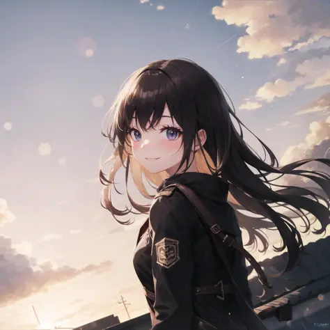 (high quality, best quality), 1girl, solo, shaded_face, dim, looking_at_viewer, smile, blush, rooftop, sunset, lens_flare, backl...