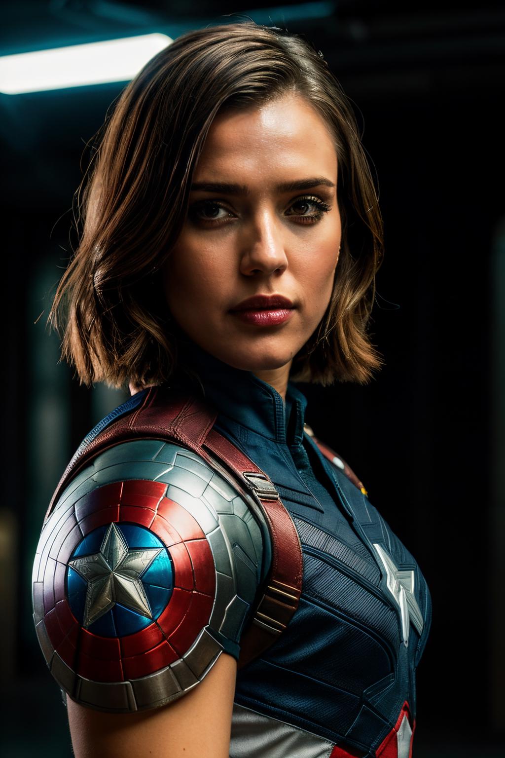 A woman in a captain america costume poses for a photo - SeaArt AI