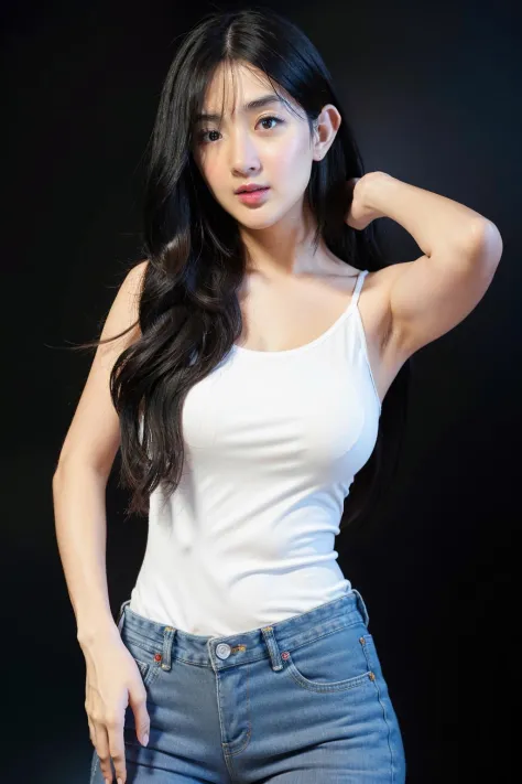 1girl, long hair, white camisole, jeans, (isolated on dark-grey background:1.2), dynamic pose, (soft lighting:1.2), shot on Canon EOS 5D, <lora:bcBeerV1.1-000011:0.85>, best quality, ultra high res, (photorealistic:1.4), masterpiece, real life skin, hyper ...