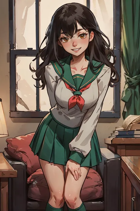 anime girl in school uniform posing in front of a window