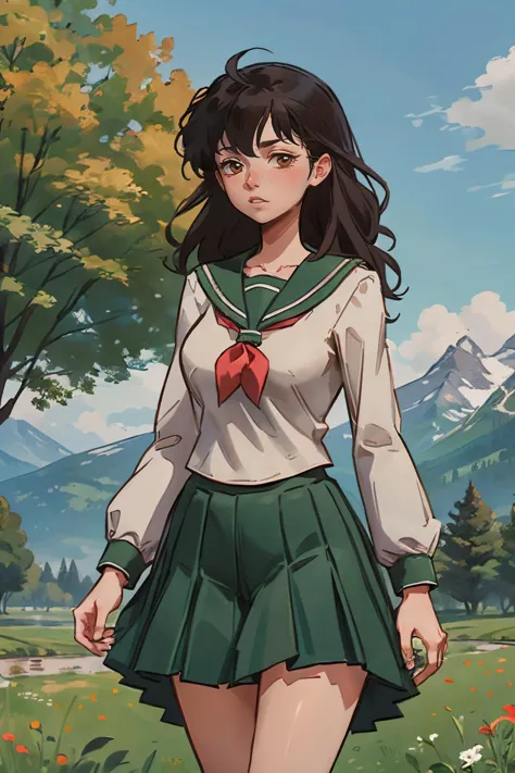 anime girl in a school uniform walking in a field of flowers