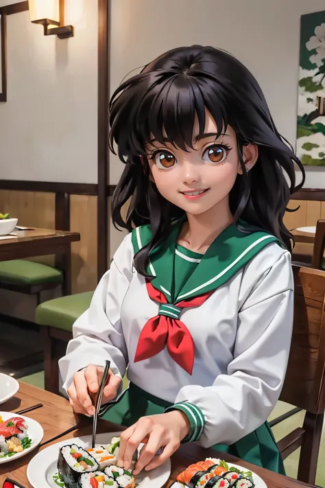 anime girl in uniform eating sushi at a restaurant table