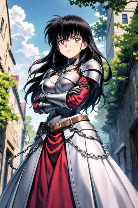 a woman in a red dress and armor standing in a street