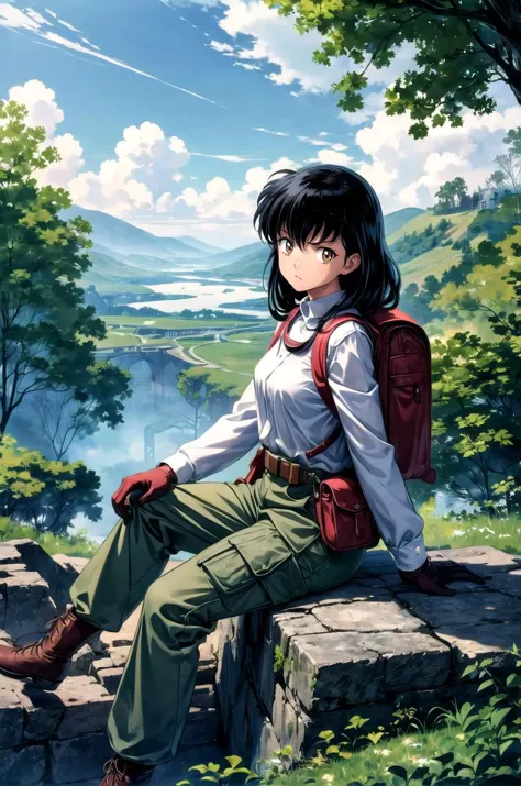 a woman sitting on a rock in the woods with a backpack