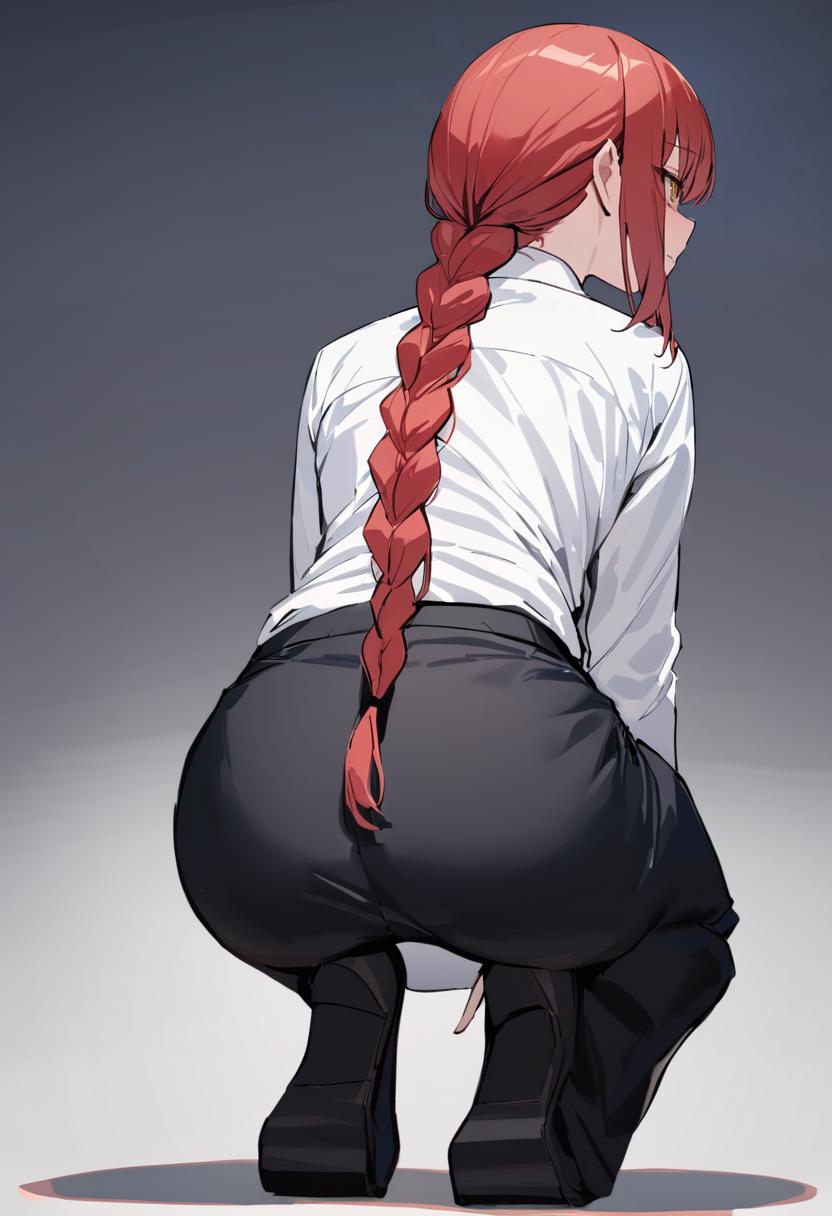 Anime girl with red hair and black pants sitting on a wooden floor - SeaArt  AI