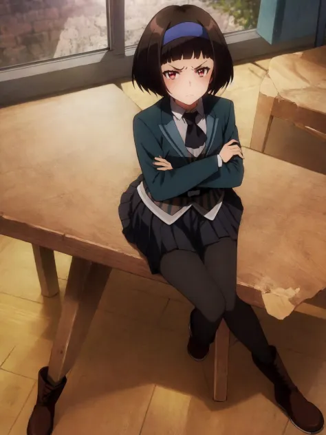 anime girl sitting on a table with her arms crossed