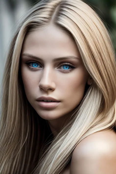 a woman with long blonde hair and blue eyes posing for a picture