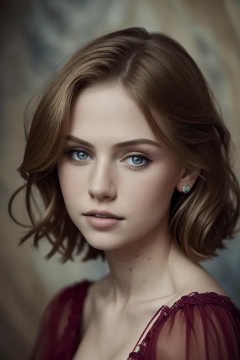 a woman with blue eyes and a red dress posing for a photo