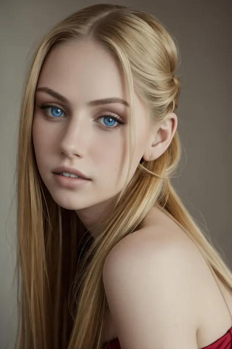 a woman with long blonde hair and blue eyes posing for a picture