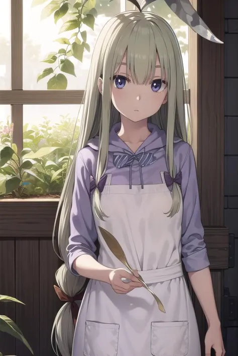 anime girl with long hair and apron holding a knife in front of a window