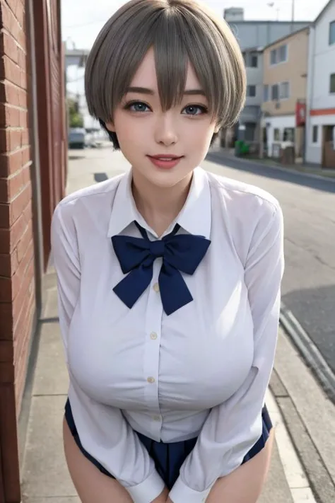 8k,masterpiece, best quality, ultra detailed, [perfect shadows and lighting], detailed background, incredible high-key lighting, ambient soft lighting,
young female, uzakihana, gorgeous face,japanese face, lips, makeup, stylish hair, perfect eyes, grey hair, short hair, blue eyes,
huge breasts, thick things, wide hips, narrow waist
look at viewer, seductive, smile, smirk, open mouth, sexy pose,
, streets, in town, outdoors, see-through, undersized clothes,