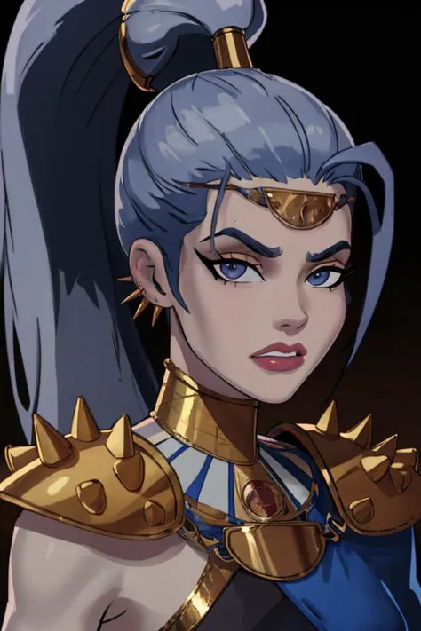 (masterpiece, best quality:1.2), <lora:somethingunlimited:0.95>, somethingunlimited, 1girl, solo, looking at viewer, breasts,  <lora:megaera:0.95> megaera, ponytail, colored skin, piercing, ear piercing, blue skin, gorget, greek clothes