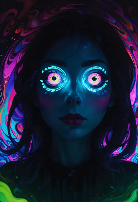 a woman with glowing eyes and a black light on her face