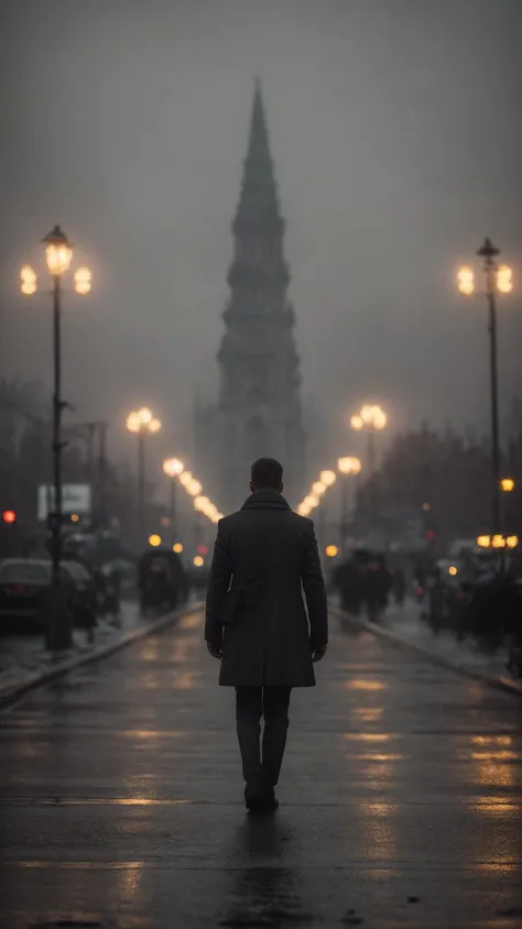 arafed man walking down a street in the rain with a clock tower in the background