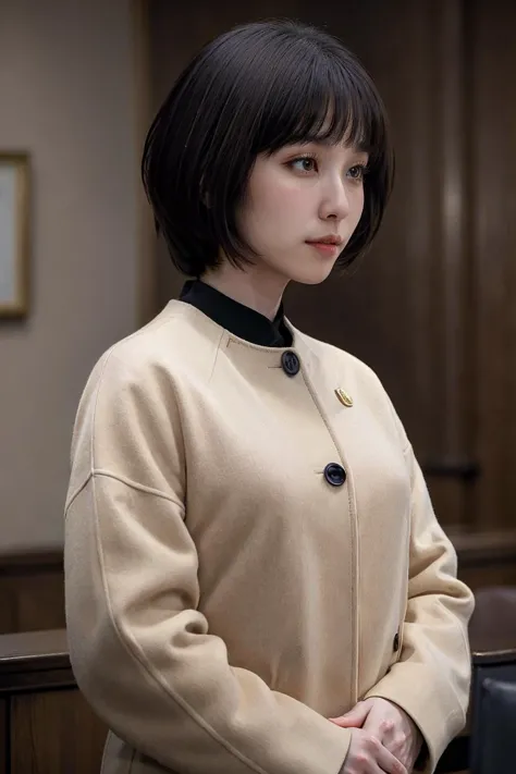 a close up of a woman in a beige coat standing in a courtroom