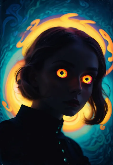 a woman with glowing eyes and a black shirt