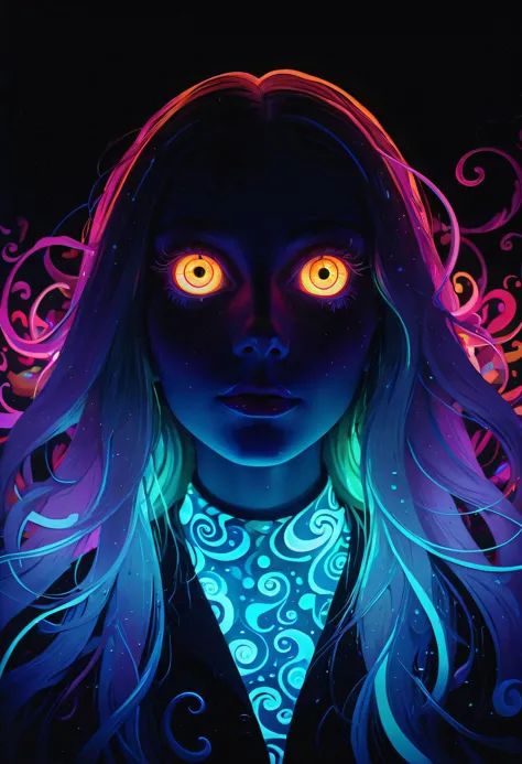 a woman with glowing eyes and a black background