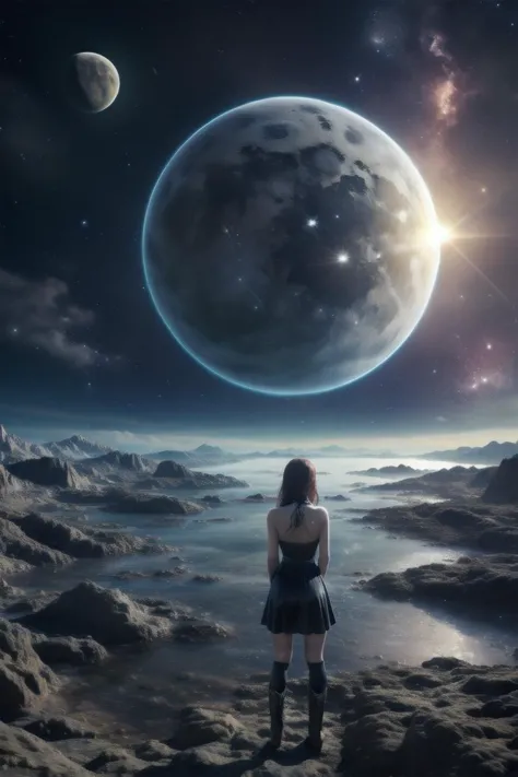 a woman standing on a rocky surface looking at the moon