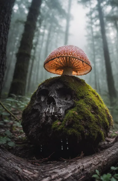 (art by Alessio Albi:1.5),
extreme close up of a small faintly glowing skull shaped fly agaric growing on a mossy dead tree in a dark forest surrounded by large trees, fireflies, glowing particles, hidden from plain sight,
film grain, highly detailed photography, (muted colors, cinematic, dim colors, soothing tones:1.2), vibrant, insanely detailed, hyperdetailed, (dark shot:1.5) + Houdini VFXanny" textured with water droplets!! trending artstation 8k render high contrast between the image and picture!!, pastel pink sci-fi concept artist style pencil drawing!!! intricate detail digital matte painting Nausicaa ink airbrush illustration sharp focus realistic volumetric lighting macro photograph beautiful scenery unreal engine realistic 3D realism28x rendered 4K depth shading hd extremely ominous quality super resolution photo taken at golden hour