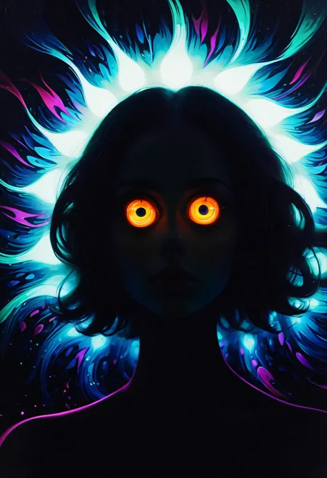 a woman with glowing eyes and a glowing hair