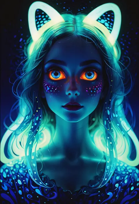 a girl with glowing eyes and glowing hair in a dark room