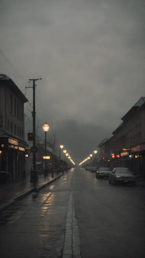 arafed view of a street with cars and lights on a rainy night