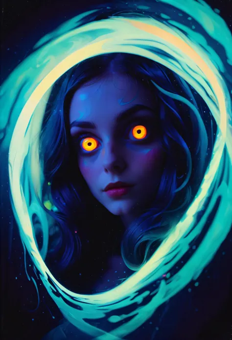 a woman with glowing eyes and blue hair in a dark room