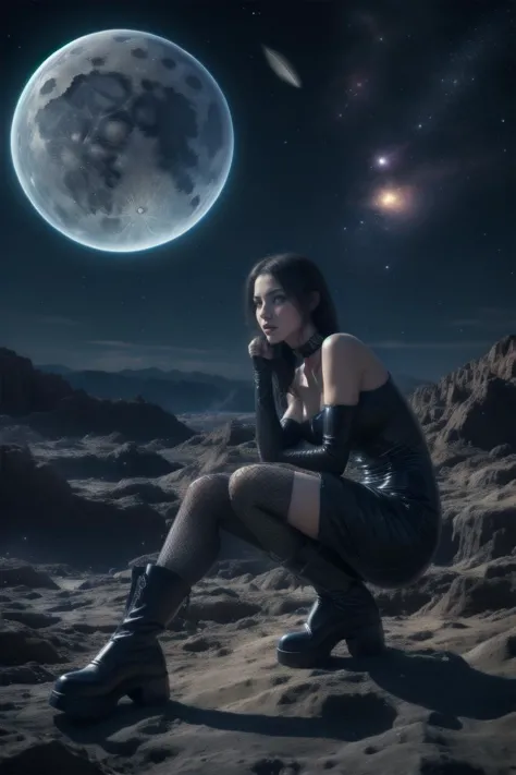 a woman in a black dress sitting on a rock with a full moon in the background