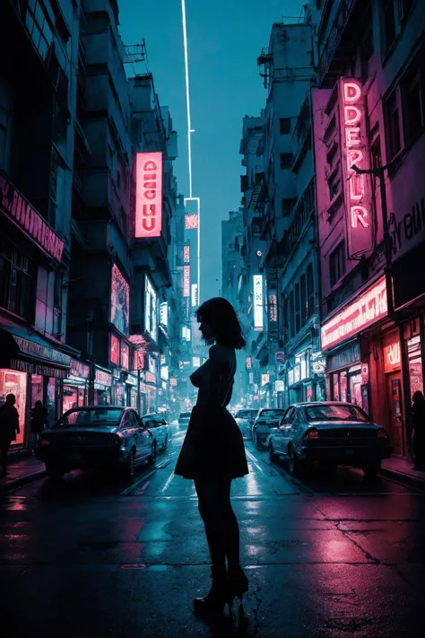 a woman standing on a city street at night with neon signs