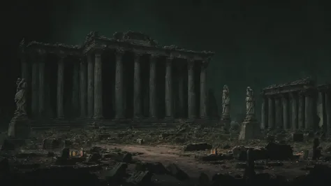 a dark room with a lot of columns and a lot of tombstones