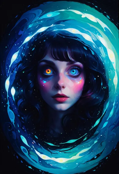 a woman with blue eyes and a black hoodie is surrounded by swirling blue circles