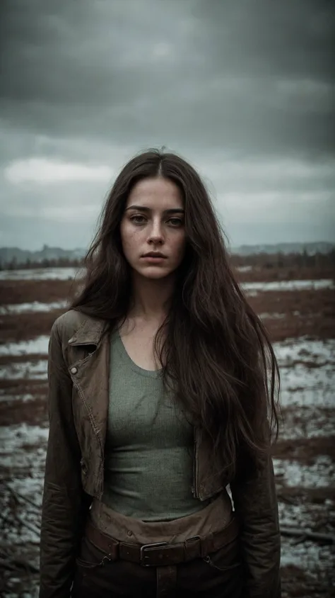 a woman with long hair standing in a field with snow