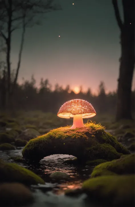 a close up of a mushroom on a moss covered rock in a forest