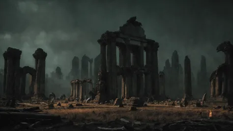 a dark and eerie scene of ruins in a dark sky