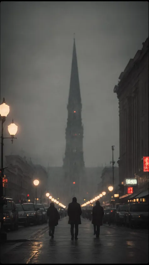 people walking down a street in the rain with a church steeple in the background