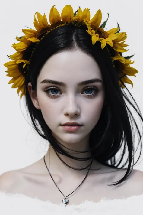 a close up of a woman with a flower crown on her head