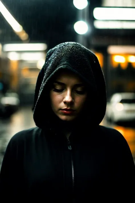 analog photo,( silhouette:0.8), spotlight, close up portrait,
a beautiful  intelligent looking european woman in heavy rain, 
raining,  eyes closed, sad facial expression, looking down, nude,
seducing facial expression, wearing a black mantle and a black hood
pale skin, highly detailed face,
RAW candid cinema,16mm,color graded portra 400 film,remarkable color,ultra realistic,
sad admosphere,dark lighting,oppressive atmosphere,depressive colors,