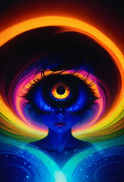 a painting of a woman with a glowing eye and a rainbow swirl