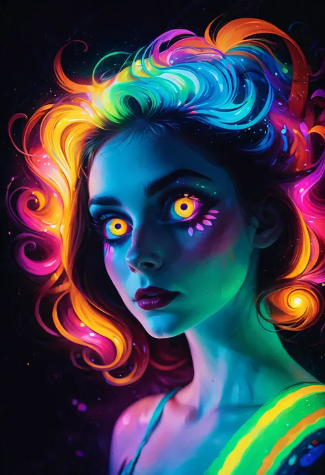 a woman with bright hair and neon makeup looks into the camera