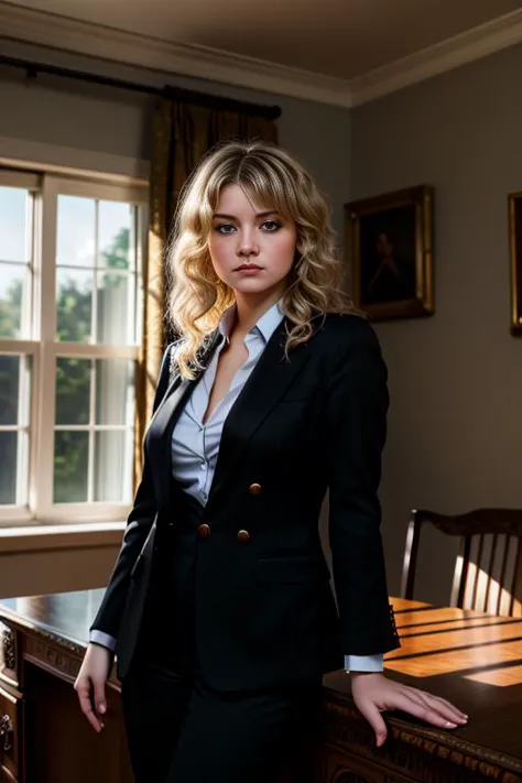 blond woman in a black suit standing in front of a desk