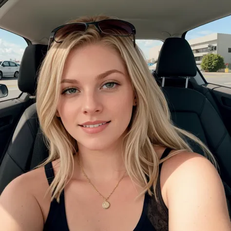 blond woman in a car with sunglasses on and a black top