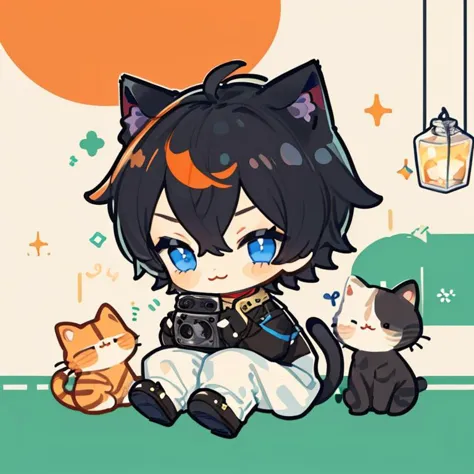 (1boy:1.3),solo,male focus,cat ears,cute,(cat boy is taking photo:1.2),reika camera,(orange cat:1.2),:3,(baby cat:1.2),(black hair:1.2),star \(symbol\),blue eyes,smile,blush,illustration,(masterpiece:1.2),best quality,highly detailed,8k,absurdres,unity 8k wallpapper,(extremely detailed:1.2),highestres,chibi,no humans,