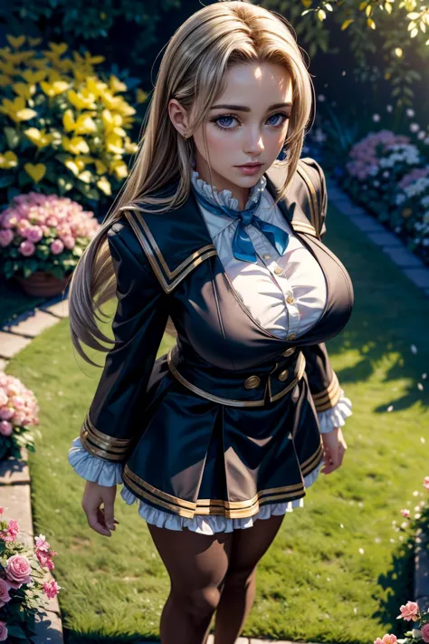 (ultra realistic,32k, masterpiece:1.2),(high detailed skin:1.1),( high quality:1.1),
<lora:azureelise-nvwls-v1:0.8>defElise, black jacket, uniform, black skirt, pantyhose,(looking at viewer, standing, from above:1.1),, (huge breast, large breast:0.9),<lora:add_detail:0.81>,
(ambient lighting:1.1),  garden, blooming flowers, manicured lawns, fragrant blurry background,