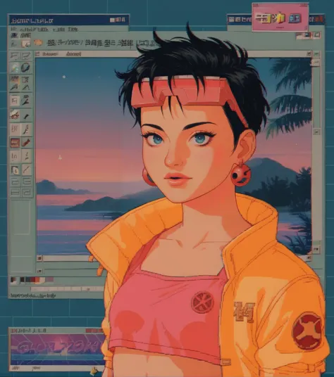 score_9, score_8_up, score_7_up, score_6_up, <lora:win98XLP:1> win98, fake screenshot, 1990s \(style\), retrowave, 1girl, JubileeXMXL, lipstick, brown eyes, black hair, short hair, eyewear on head, earrings, small breasts,
yellow jacket, pink crop top, symbol print, navel, <lora:JubileeXMXL:1>